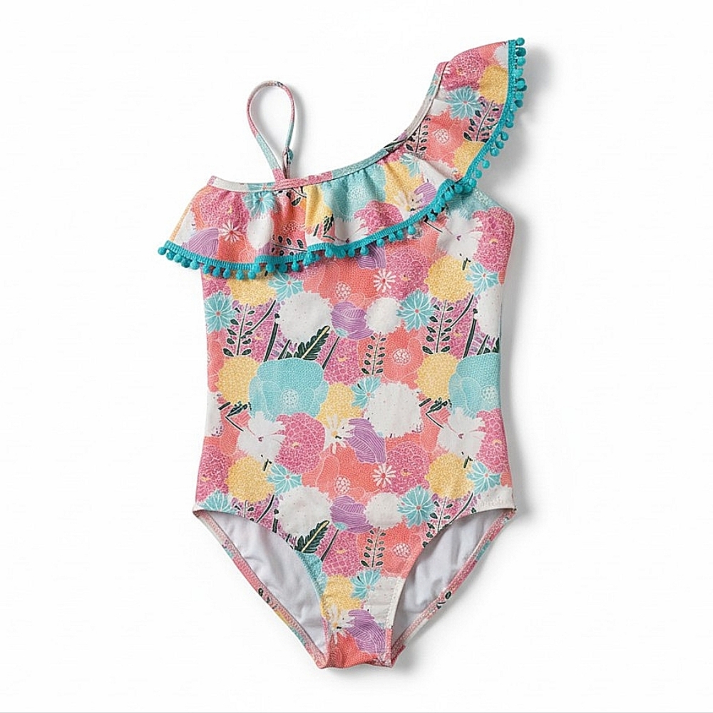 NWT! Dot Dot Smile Kids One-Shoulder Floral Pom-Pom Swimsuit - Pink Multi